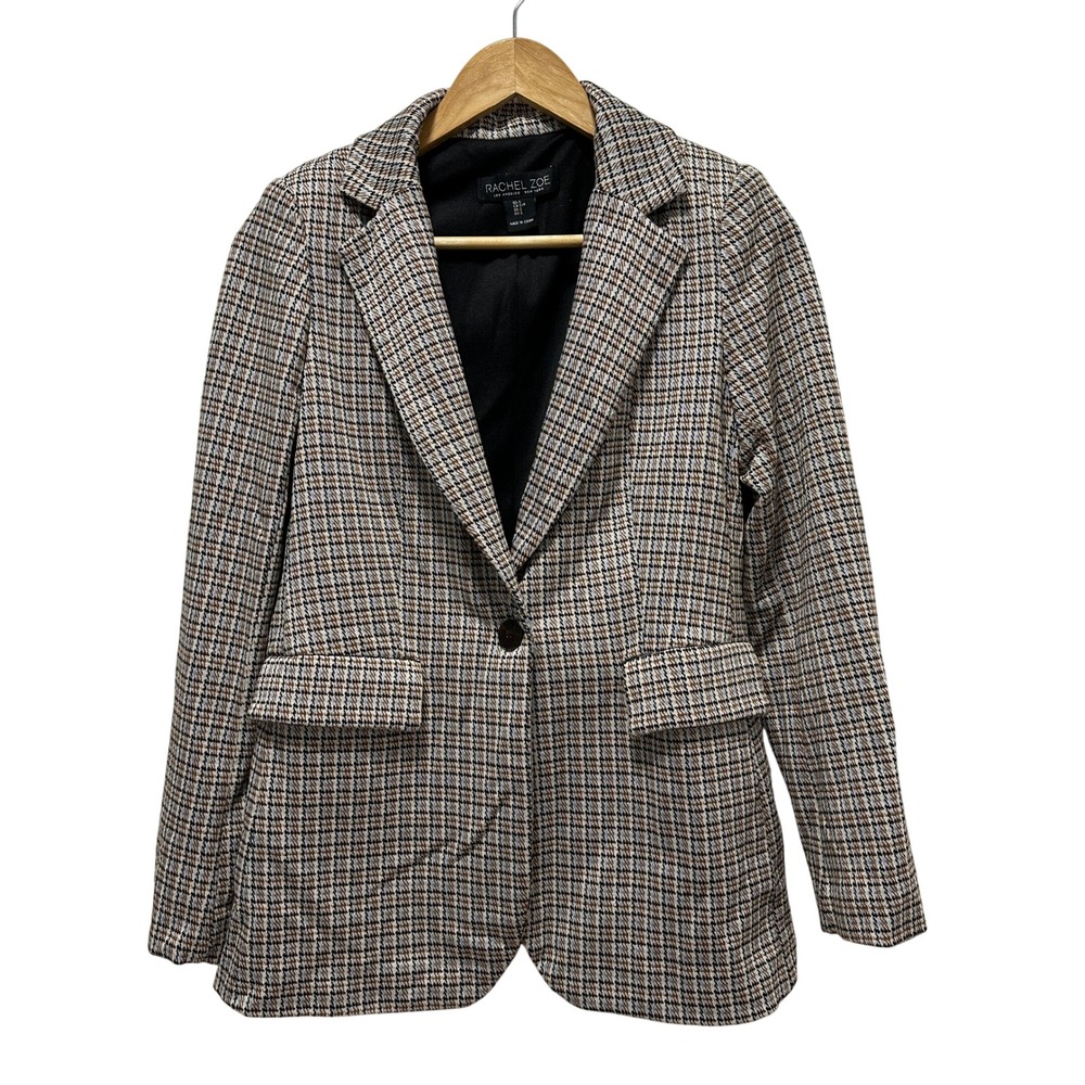 Rachel Zoe Women's Plaid Blazer Jacket Brown Tan Blue Single Button Size S